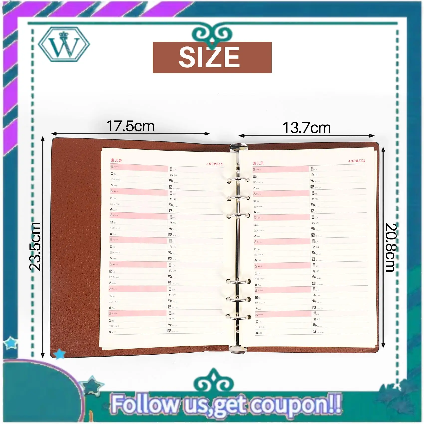 Upgraded A5 Notebook 6 Holes PU Leather Cover Notebook Loose Pocket Leather Refillable Notebook Binder Rings Journal