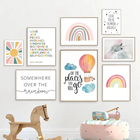 Estampado de arco iris para decoración de dormitorio de niñas, póster nórdico rosa y amarillo, cuadro sobre lienzo para pared, imagen de pared, decoración para guardería de bebé