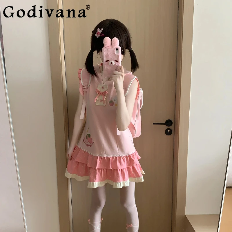 

Original Lolita Style Kawaii Dress Summer New Sweet Girls Japanese Cute Strawberry Embroidered Flying Sleeve Hooded Short Dress