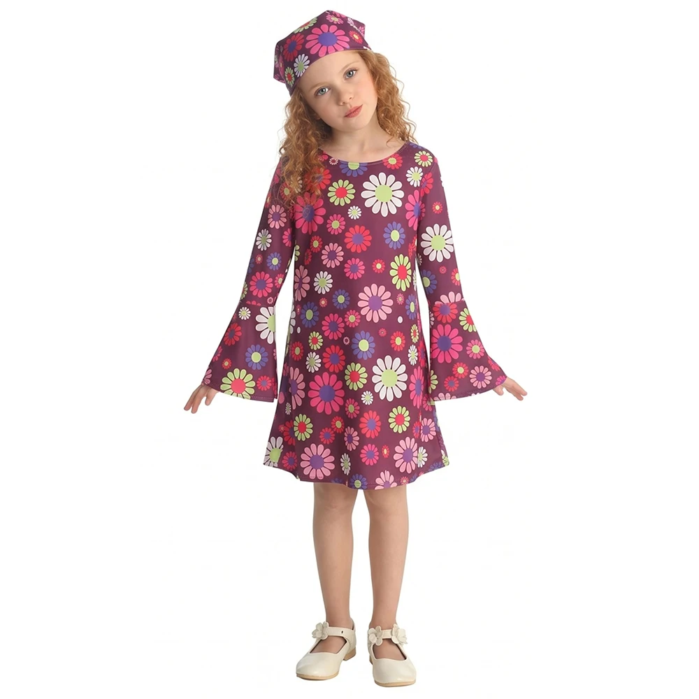 60s 70s Disco Floral Print Dressing Bohemian Hippie Outfit for Kids Costume Halloween Costume for Role Play and Parties view 6