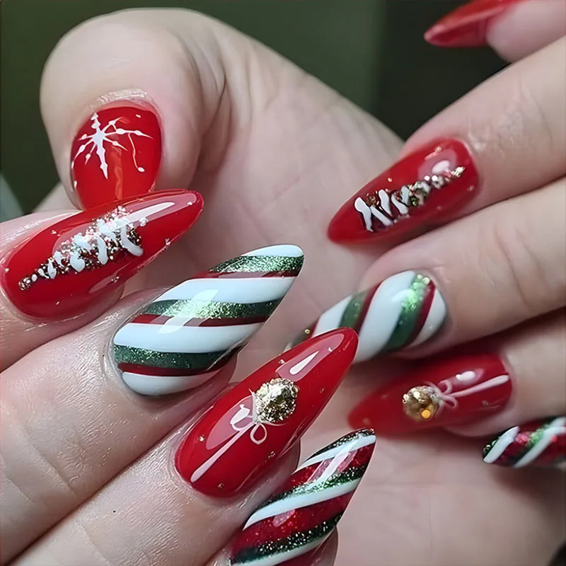 

24Pcs Long Almond Press on Nails - Red Base with White Snowflakes Christmas Tree and Red/Green/White Stripe Glitter