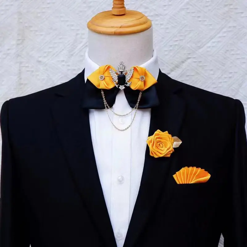 Crystal Bow Tie Set Men's Women's Business Suit Accessories Collar Flowers Vintage Wedding Bow-tie Pocket Towel Brooch 3pcs Sets