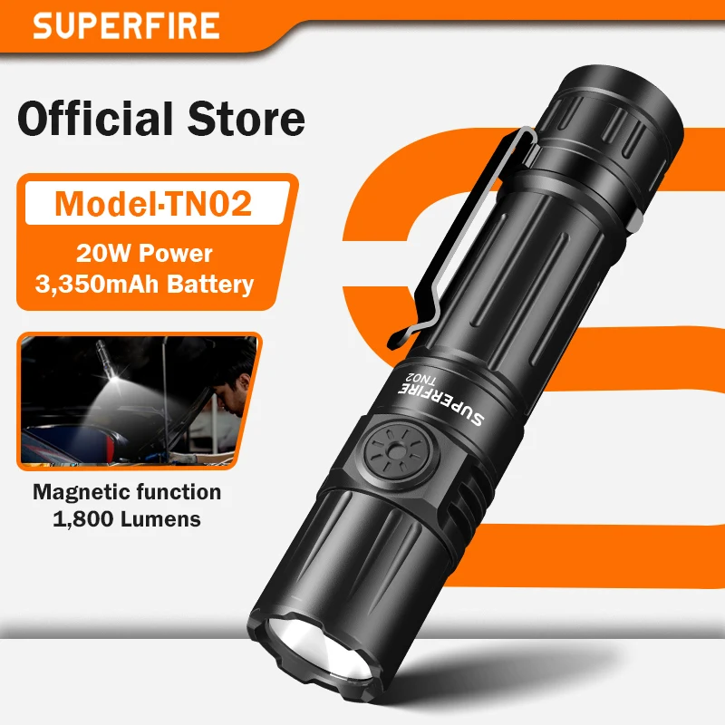 

Новые светодиодные фонари высокой мощности SUPERFIRE TN02, тактический фонарь 1800LM с магнитным перезаряжаемым аварийным фонарем для кемпинга Type-c