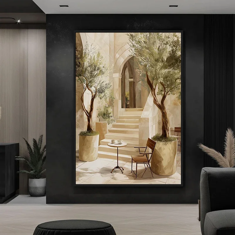 Mediterranean Courtyard Olive Tree Stairs Minimalist Poster and Prints Canvas Painting Wall Art Pictures Home Decor Cuadros