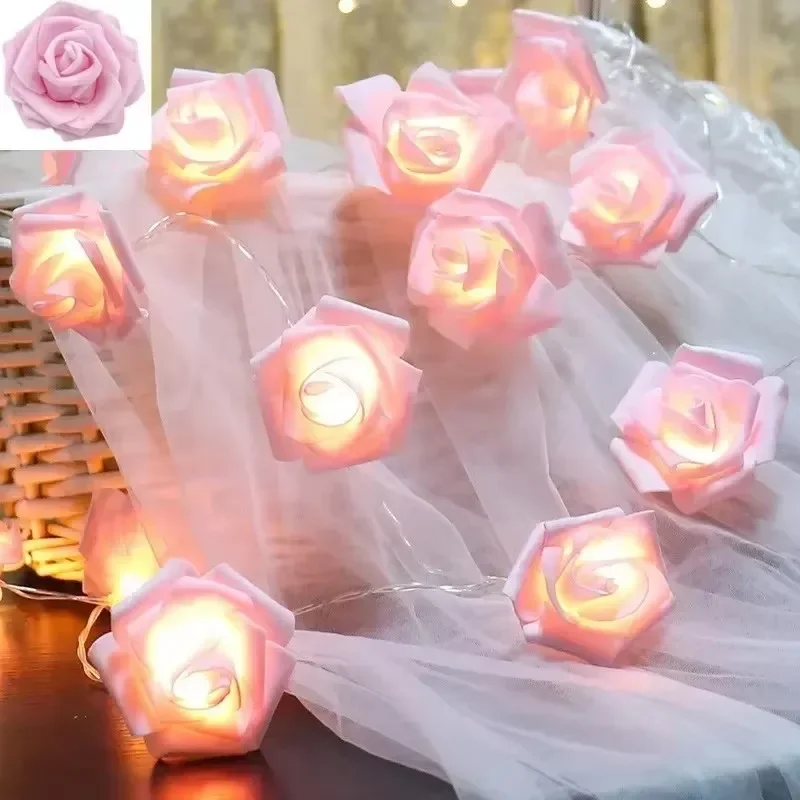 Guirnalda de luces LED con forma de rosa, lámpara de noche con pilas para boda, Día de San Valentín, fiesta, decoración del jardín y hogar, 10/20