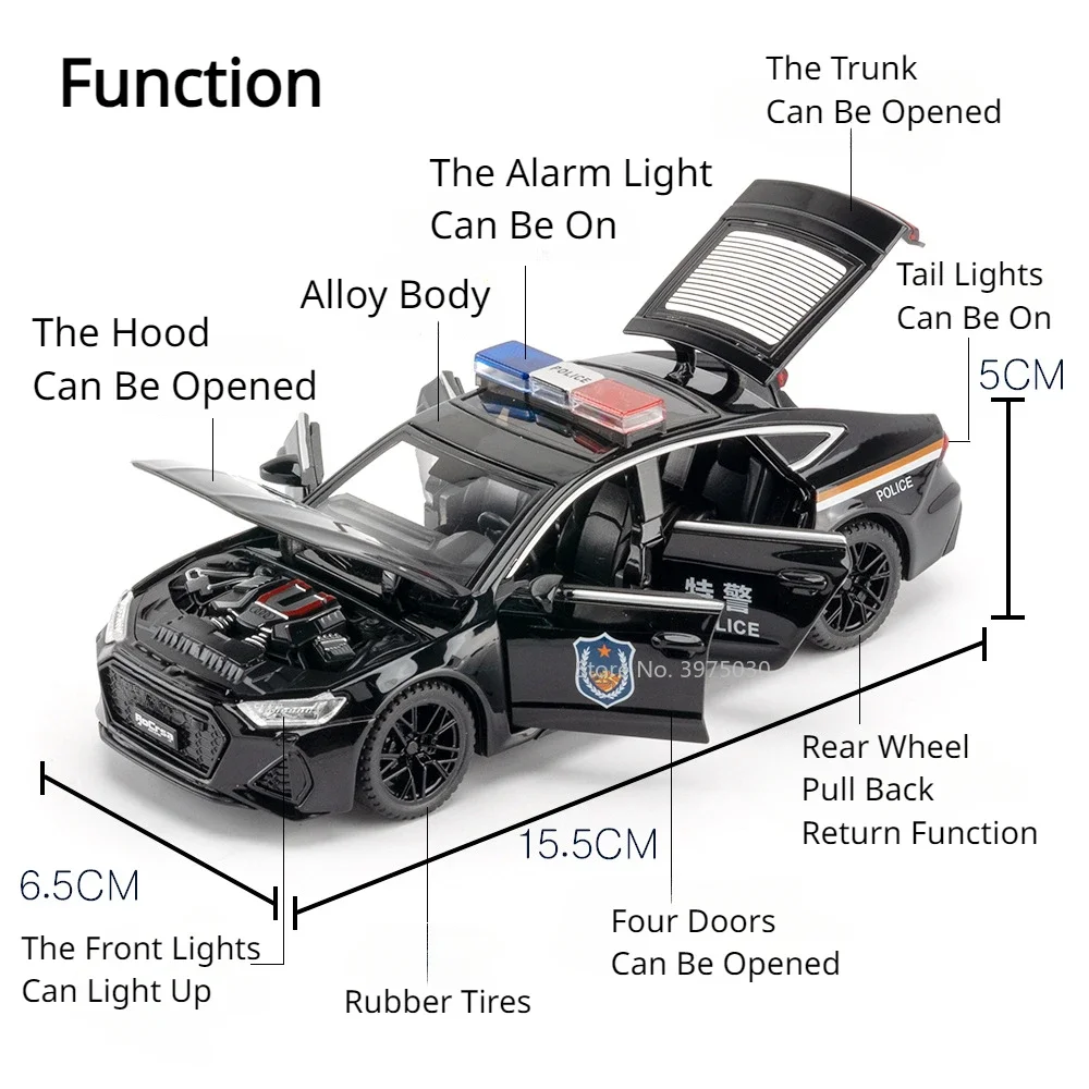 1:32 Audi RS7 Police Model Miniature Car Toy Alloy Diecast Sound Light Pull Back Doors Opened Vehicles for Kids Christmas Gifts