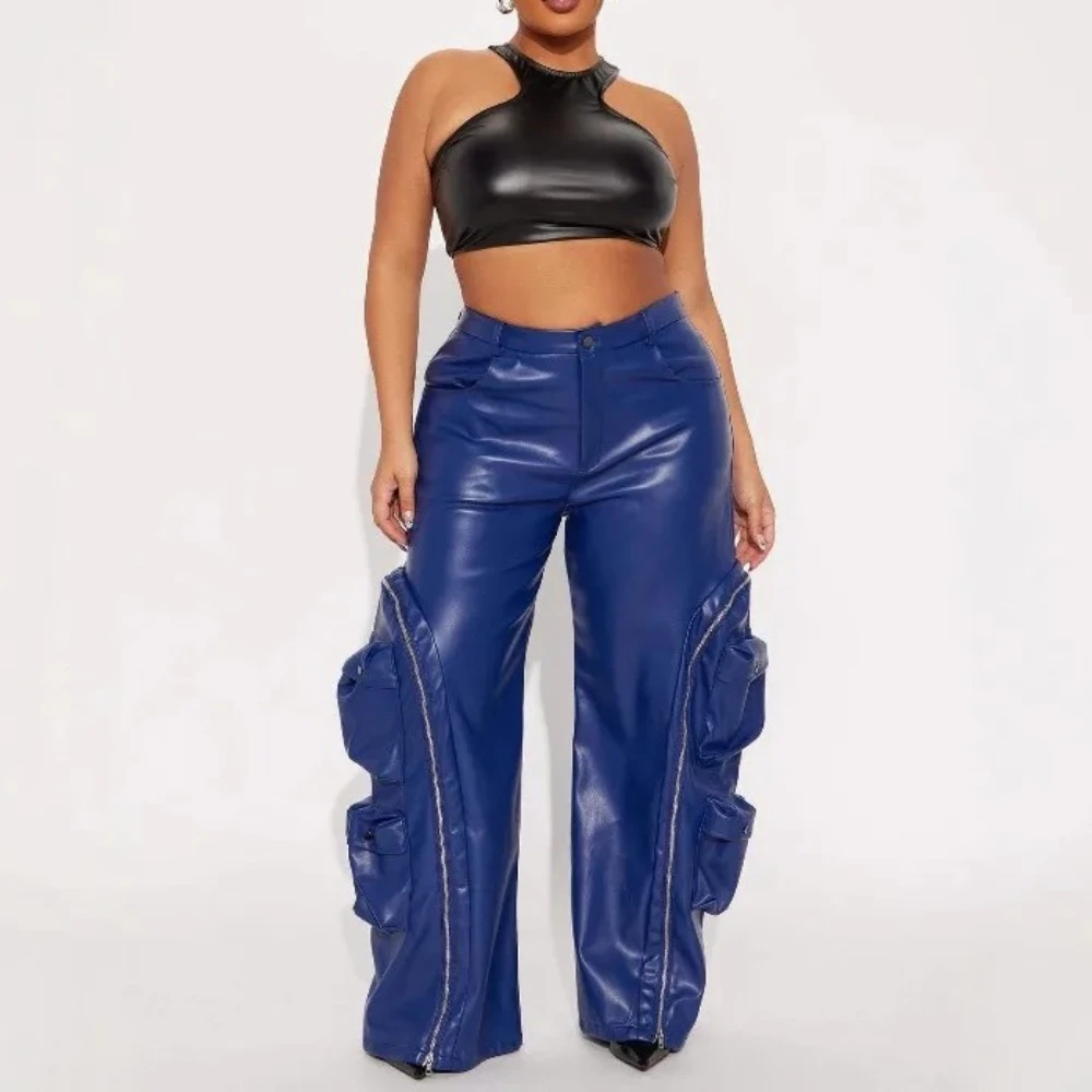 Pantalones de piel sintética con bolsillos desmontables y cremalleras a la moda para mujer, pantalones informales holgados de cintura alta con botones sólidos, pantalones de calle