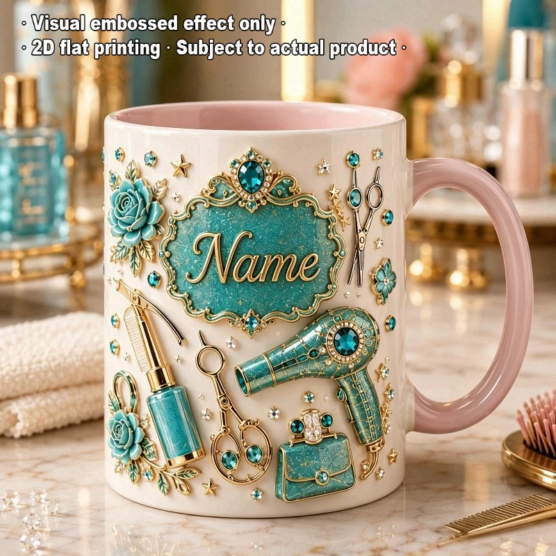 1pc Personalized 2D Flat Print Mug Teal Blue Gemstone Floral Hairstyling Tool Design Glitter Blue Makeup Tool Print Salon Employ