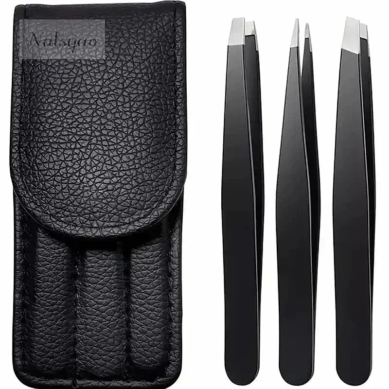 Wholesale 3pcs 4pcs Premium Stainless Steel Eyebrow Tweezers Set Precision Sharp Flat Slanted Black