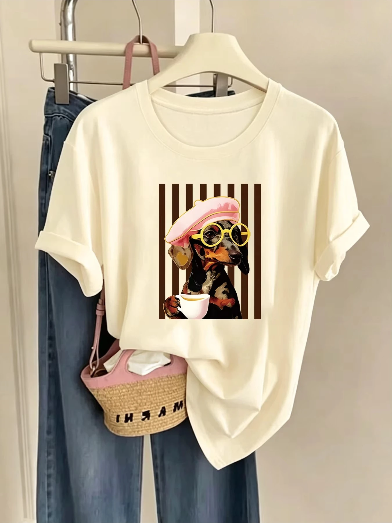 Beret Glasses Coffee Sausage Dog Vertical Stripe Cartoon Printed Women's T-shirt Casual Round Neck Top Summer Travel Daily Style