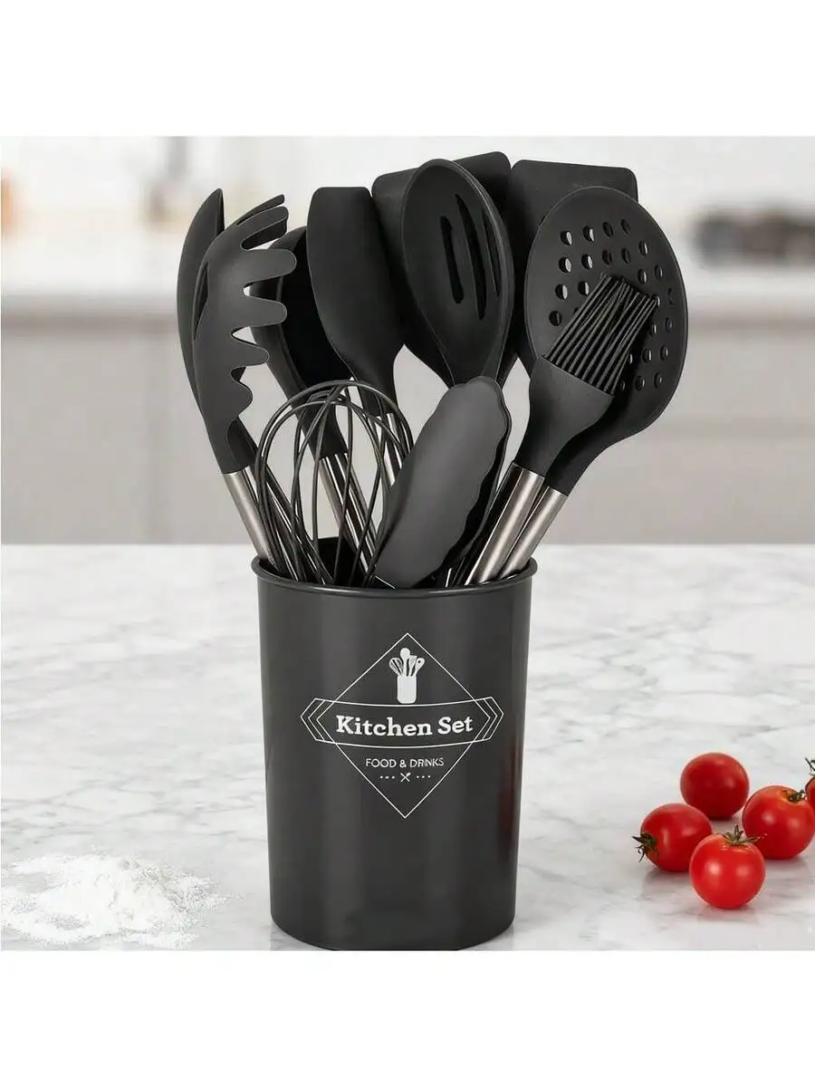 12-Piece Silicone Kitchen Utensil Set With Stainless Steel Handle Heat Resistant For Non-Stick Cookware Black