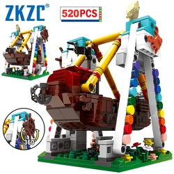 ZKZC City Fairground Ferris Wheel Merry Go Round Octopus Airship Building Blocks a Pirate Boat Bricks Toys for Children Gifts