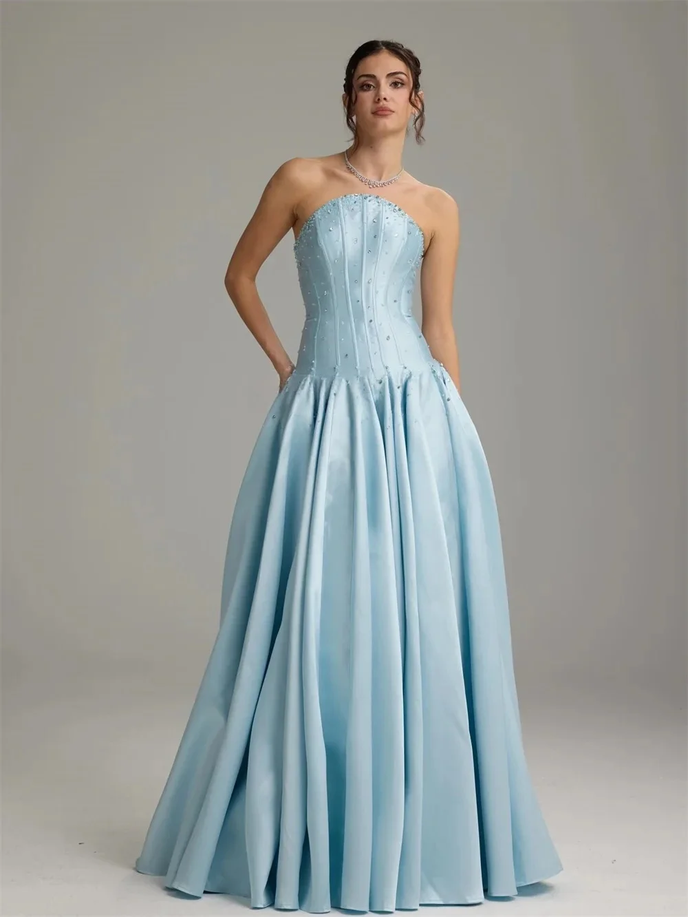 

Sky Blue Beaded Long Bespoke Occasion Gown Evening Dresses Prom Pastrol Unisex Jersey Retro Dubai Saudi Arabic Customized