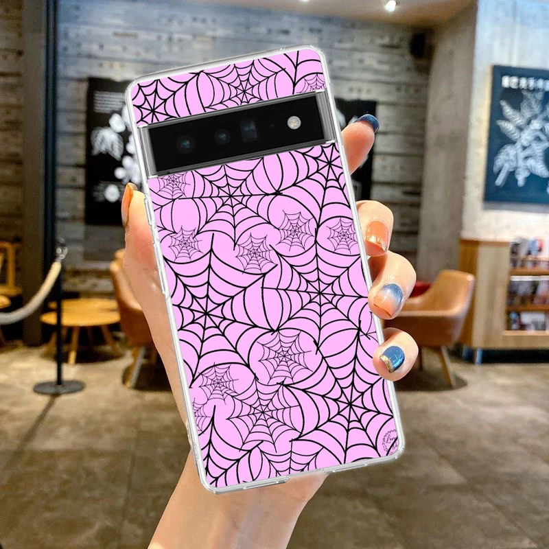 เคสโทรศัพท์สำหรับ Google Pixel 9 8 7 Pro 8A 7A 6A 6 Pro XL 5 4 5A 4A 3A 5G  แบบนิ่ม TPU ใส ลายใยแมงมุมสีดำ