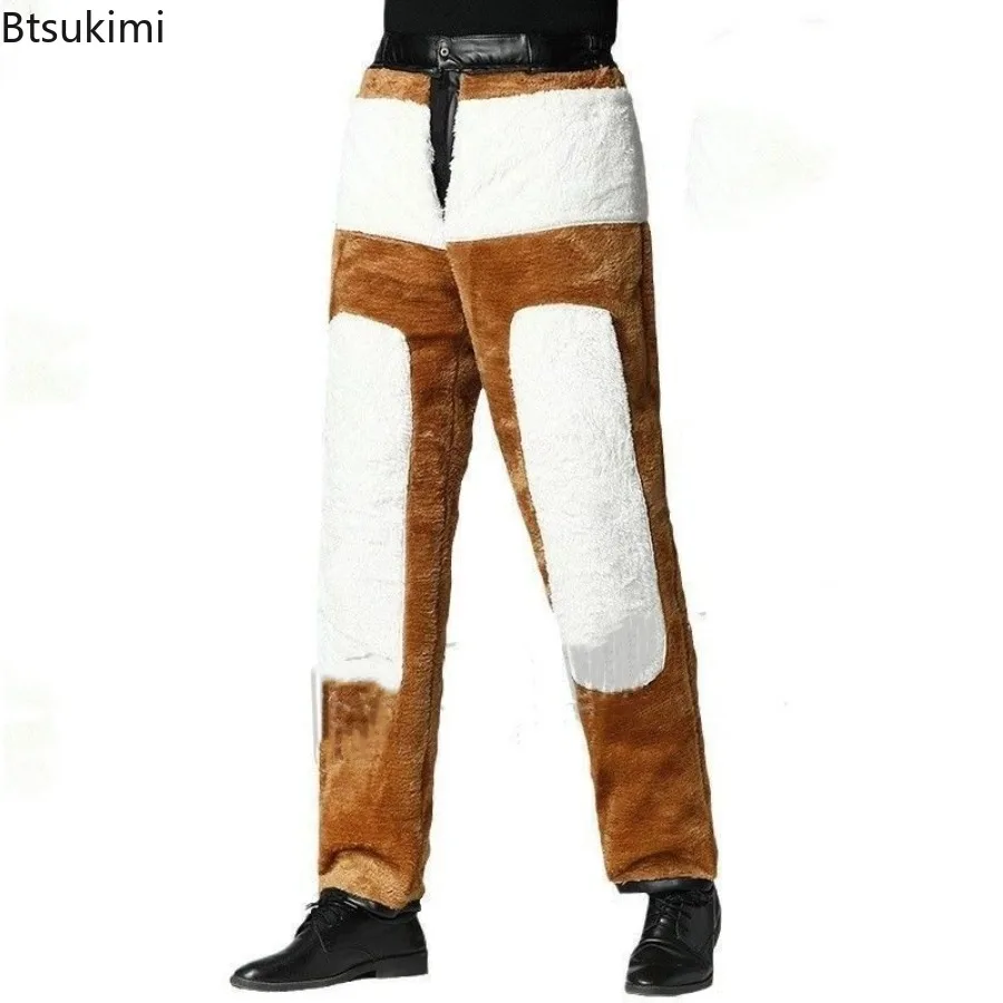 Nowe męskie ciepłe spodnie z polarową podszewką, grube, zimowe, wodoodporne, luźne, proste spodnie, wygodne spodnie motocyklowe, skórzane spodnie casualowe męskie.