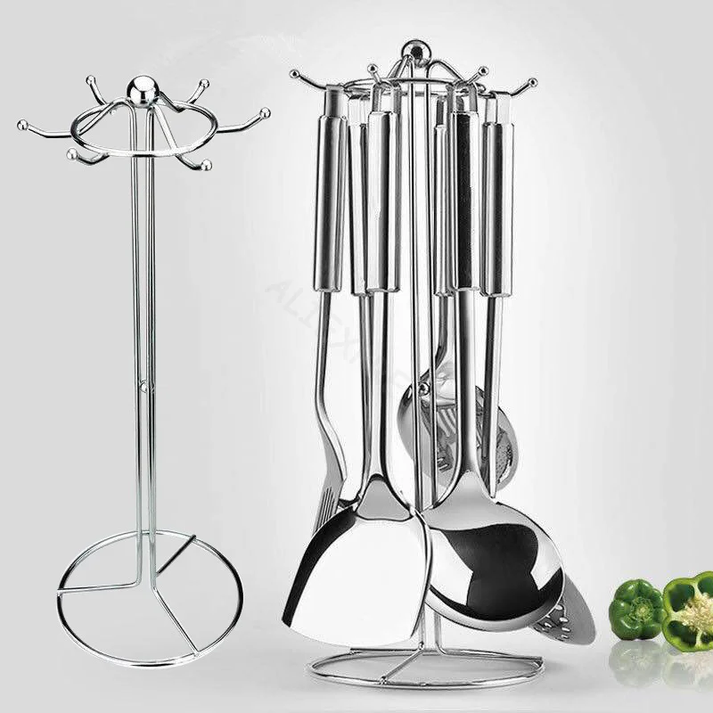 

360 Degree Rotating Kitchen Utensil Holder Stainless Steel Kitchen Utensil Tools Holder Stand Rack With 6 Hooks & Drain Tray