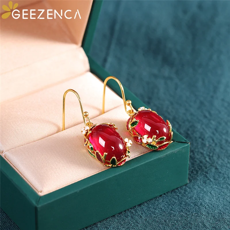 GEEZENCA S925 Silver Gold Plated Enamel Red Corundum Jewelry Sets Earrings Ring For Women Vintage Trendy Cloisonne Fine Jewelry