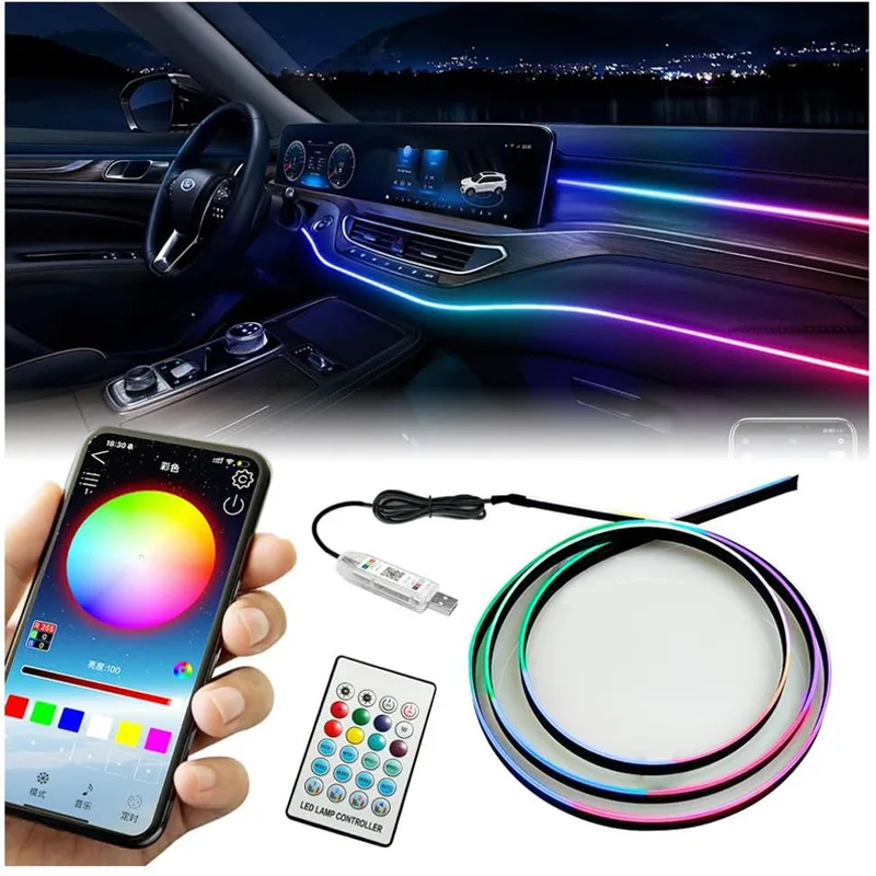 

USB Car Interior Full Color RGB Car LED Ambient Light Acrylic Strips Interior Hidden Atmosphere Lamp with App And Remote Control