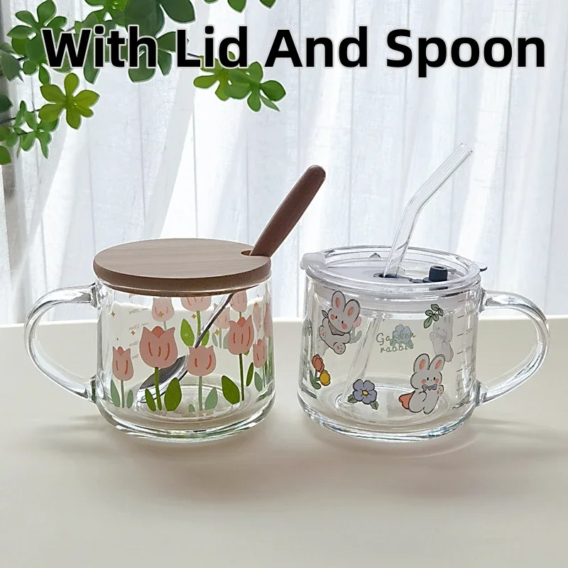 350ml Glass Mug Cute Flower Style Coffee Cup Straw Cup Kitchen Bar Supplies with Lid and Spoon High Temperature Insulation Mug