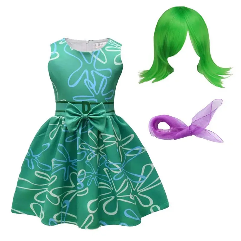 Cartoon Joy Princess Dress for Girls Disgust Cosplay Costume Wig Halloween Carnival Birthday Dress Up Movie Inside Out 2024