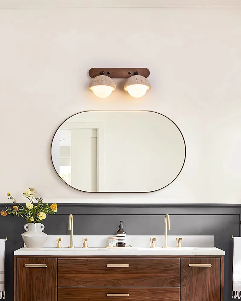 Dark Wood Base LED Wall Lamp Real Stone Vintage Sconce