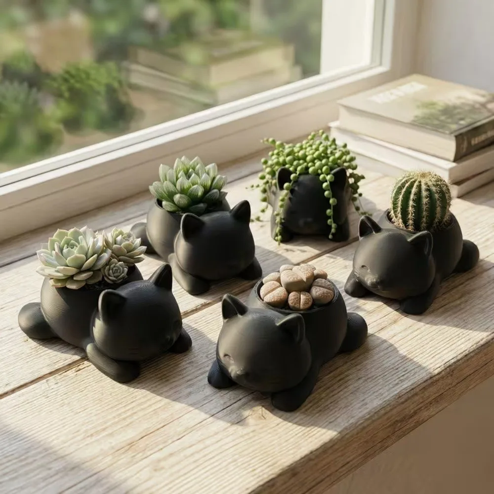 Kawaii 3D Printed Cat Flower Pot Cute Ornaments Mini Plant Pot Multi-functional Decoration Cat-shaped Storage Box Indoor Plants