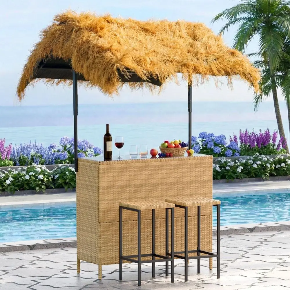 

Outdoor Tiki Bar Set with Ted Umbrella, Wicker Patio Bar with 2 Height Stools, Storage Shelves or Garden and Yard