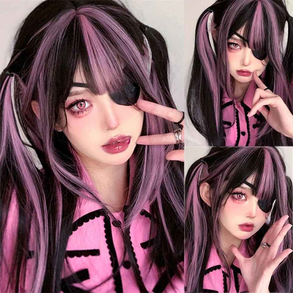 Zwart en roze lang steil haar met pony Synthetische Cosplay Lolita Zoet en schattig meisje Dagelijkse pruik Halloween kerstcadeau ﻿