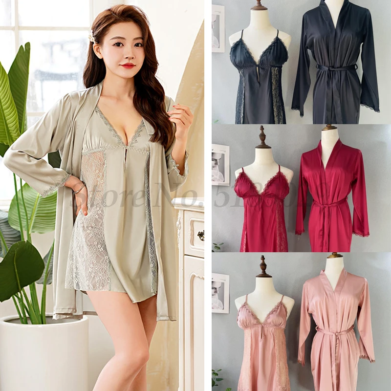 

Loungewear 2Pcs Kimono Robe Set Women Perspective Lace Nightwear Bathrobe Sexy Satin Patchwork Home Dressing Gown Nightgown