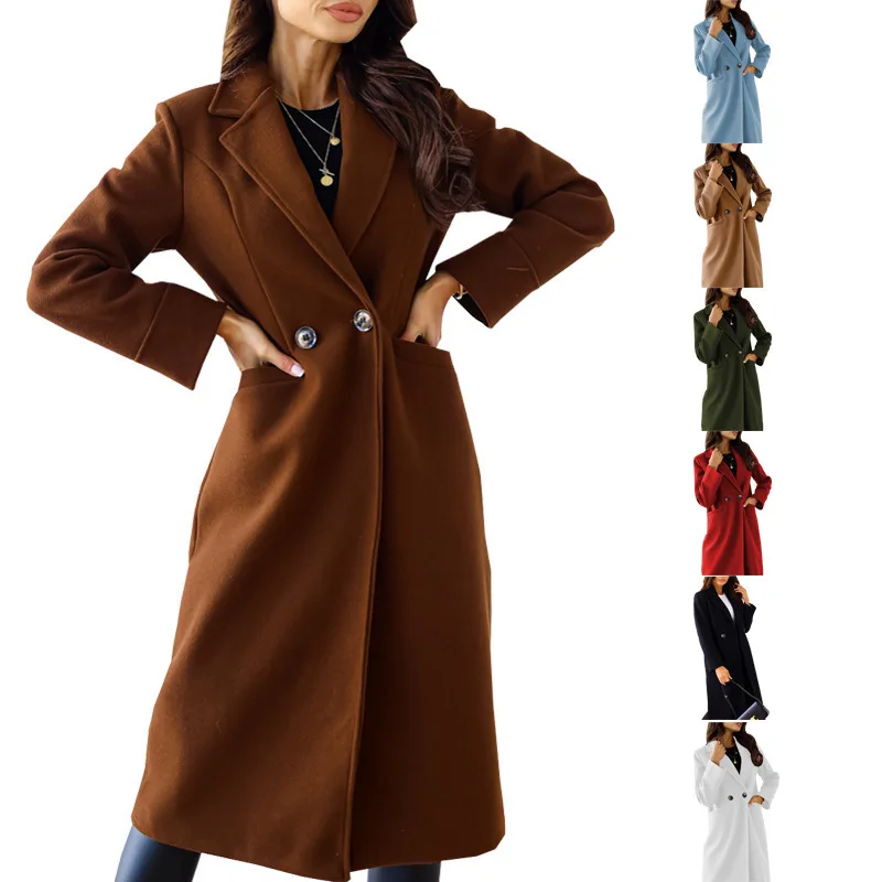 

Autumn and winter new European and American women's simple solid color double-breasted long-sleeved lapel button woolen coat