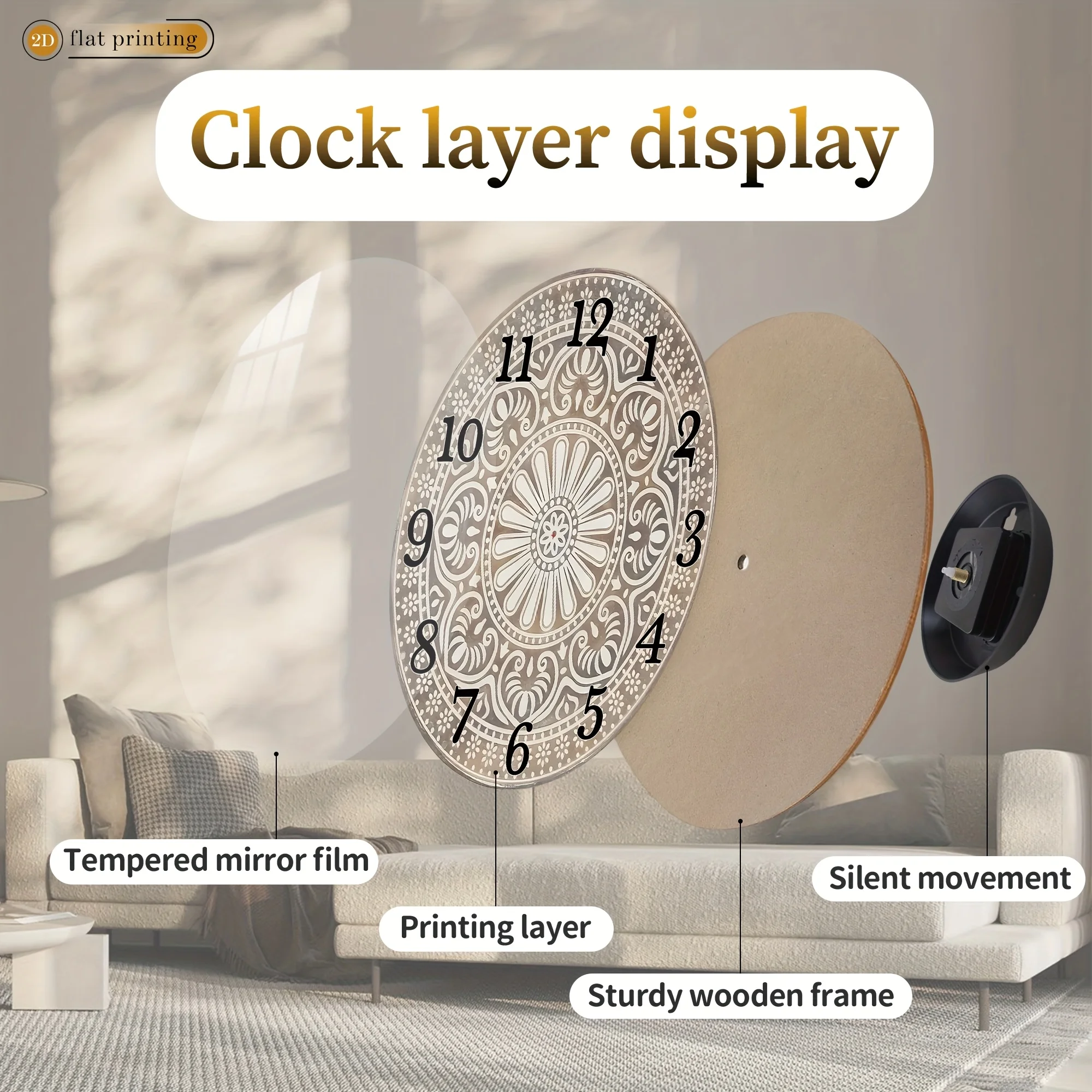 1pc WoodenSilent Wall Clock-2D Printed Clock, Modern Light Luxury StyleFloral Mandala Wall Clock, Suitable for Living Room, Study Room and Dining Room Decoration, Battery Powered (AA Batteries Not Included), 25.4-40.64 cm Optional
