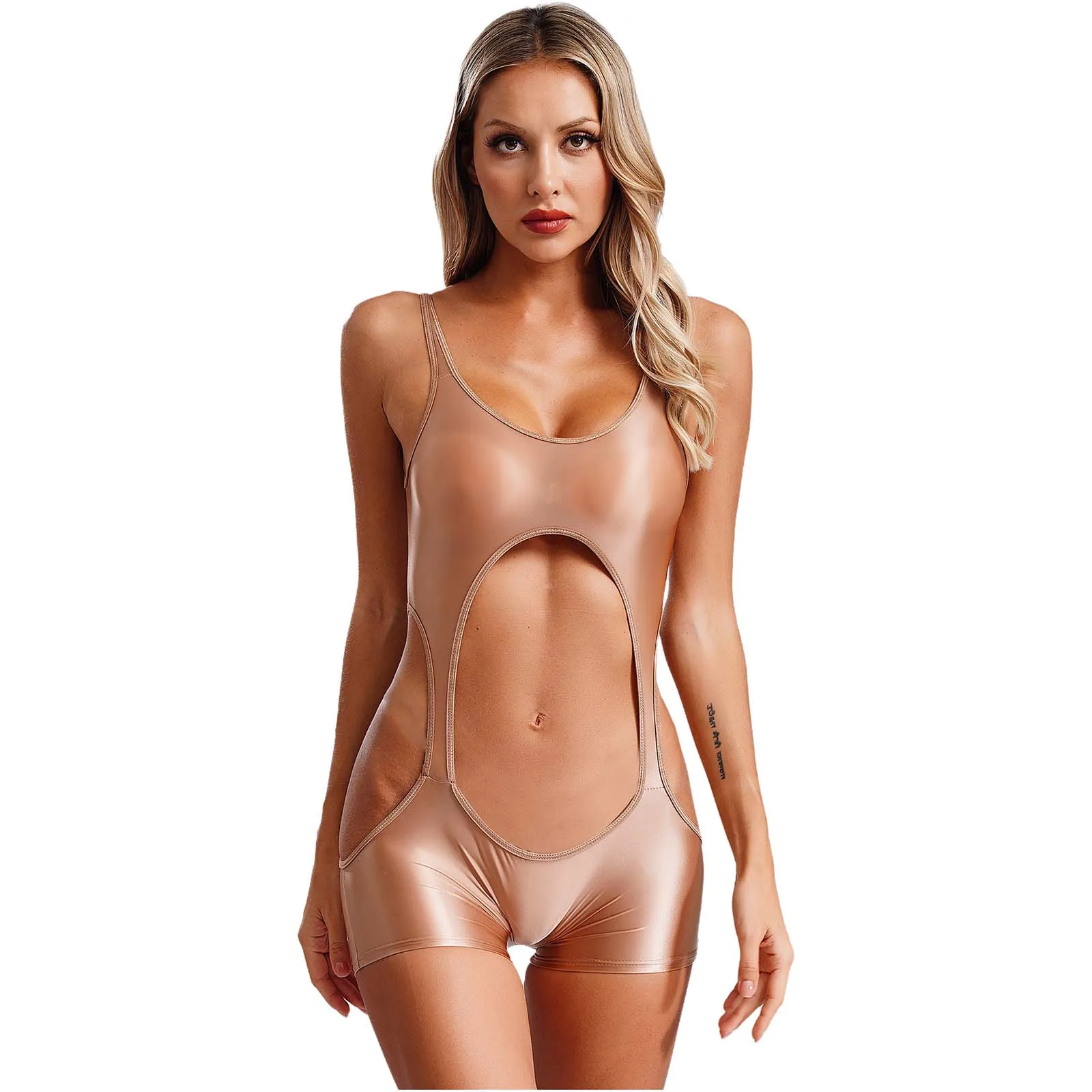 Sissy Women Glossy Cutout Swimsuit Sleeveless Hollow Out One Piece Swim Jumpsuit for Fun Underwear Club Wear Swimwear