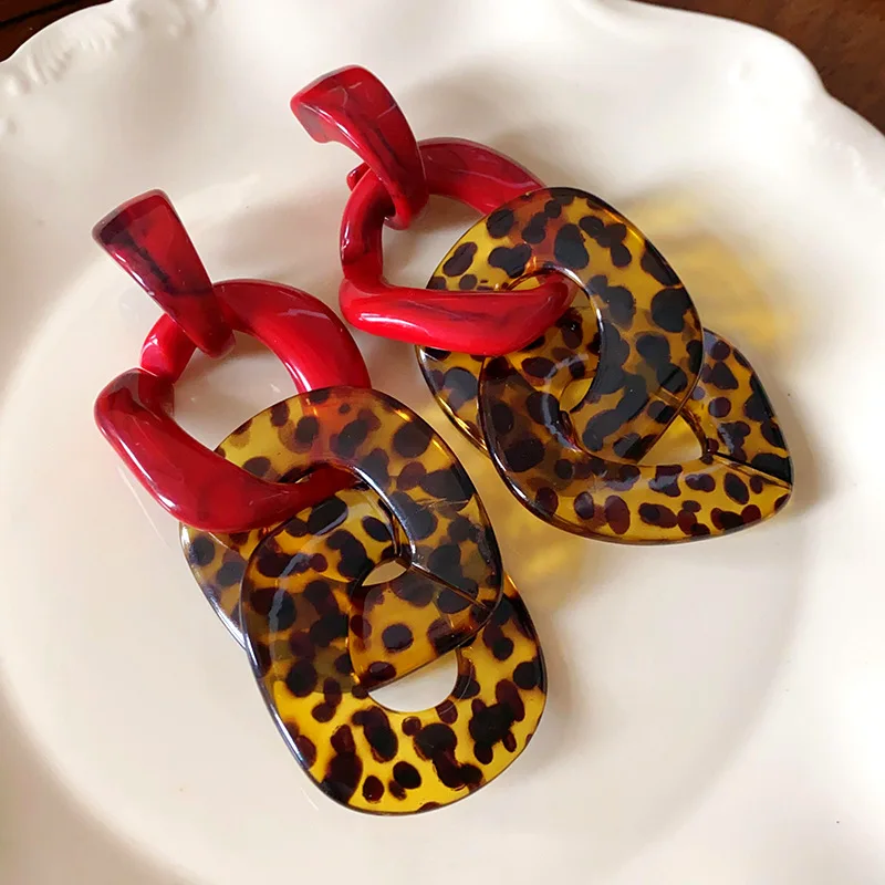 Acrylic Rhomboid Geometric Red Coffee Leopard-print Chain Long Dangle Earrings for Women Personality Retro Fashion Jewelry K-