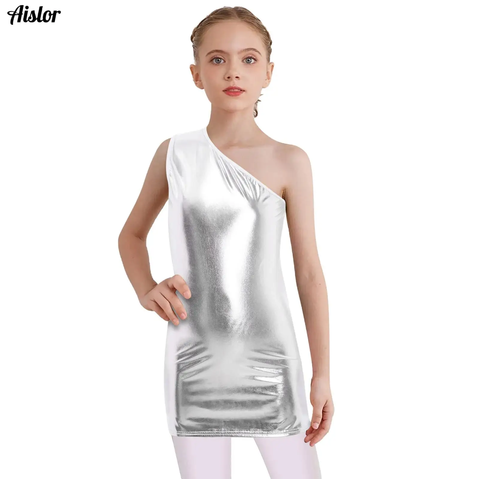 

Kids Girls Tank Dress Cheerleading Dance Performance Costume One Shoulder Sleeveless Metallic Dress Jazz Tango Samba Dance Dress
