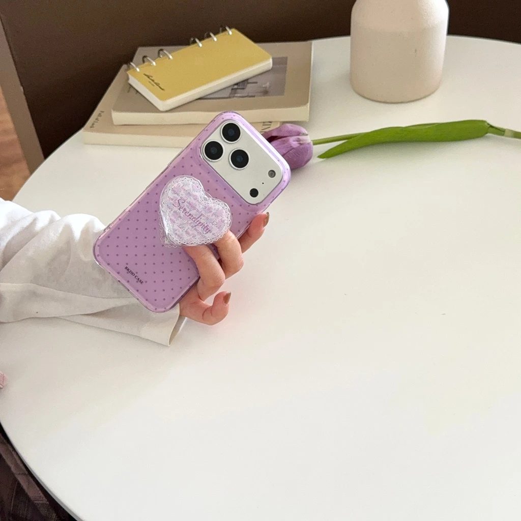 الحلو الأرجواني موجة نقطة الزهور الدانتيل التوضيح الحب مع حامل صدمة برهان غطاء الهاتف القضية آيفون 17 16 15 14 برو ماكس