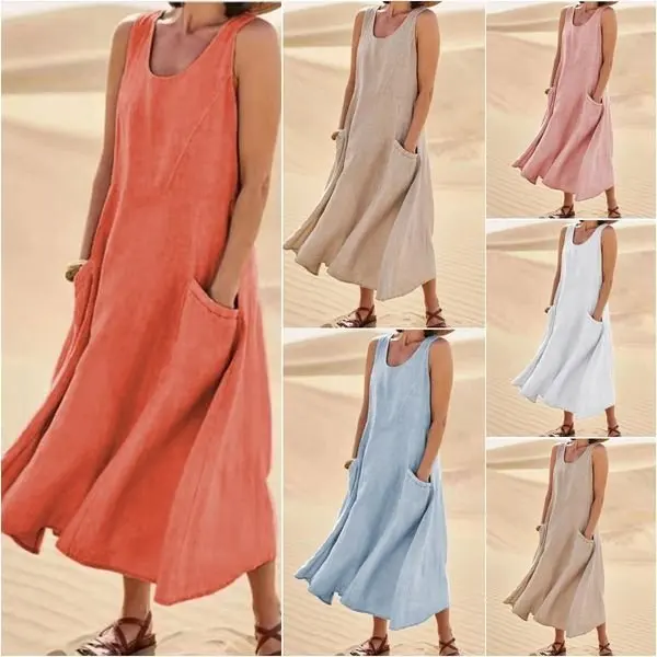 

New summer fashionable temperament casual commuting pocket sleeveless round neck women's cotton and linen dress