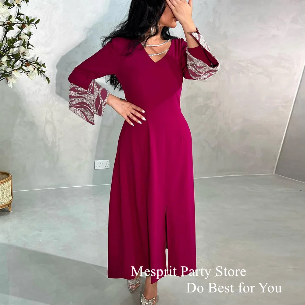 Mesprit-vestido de noche para mujer, traje Formal saudita con cuello en V, mangas largas, lentejuelas, corte en A, corte en A, pierna en el tobillo, graduación