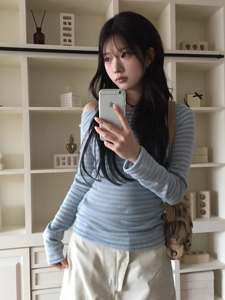 Blue Striped One oulder Base irt Women's Slim Fit Long Sve T-irt Inner Wear Autumn Winter Faion Korean Sle Top