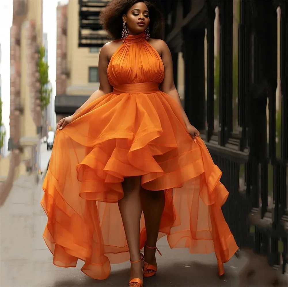 

2025 Sexy Orange Organza Prom Birtnday Dress Halter Tiered A-line High-low Evening Formal Party Dresses Gowns Vestidos De Festa