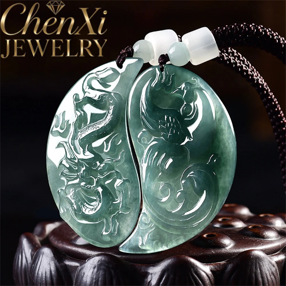 Authentic Natural Myanmar A-Grade Jadeite Dragon Phoenix Couple Paired Pendant For Lovers High-End Fashion Quality Jewelry Gife
