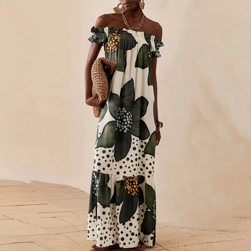 Women's Casual Short Sleeve Bohe Long Dress Sexy Off Shoulder Hight Waist Holiday Dress Fashion Pattern Print Loose Party Dress