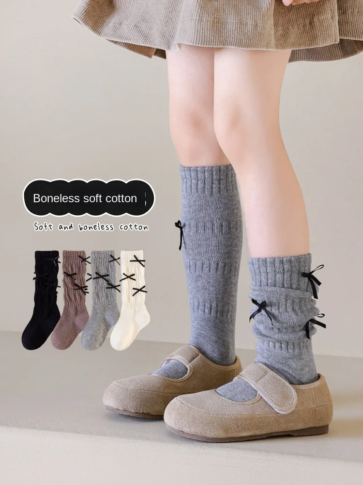 1Pairs Kids Winter Long Socks Korean INS Style Solid Color Bow Girls Trendy Slouch Calf Socks School Children Long Stacked Socks