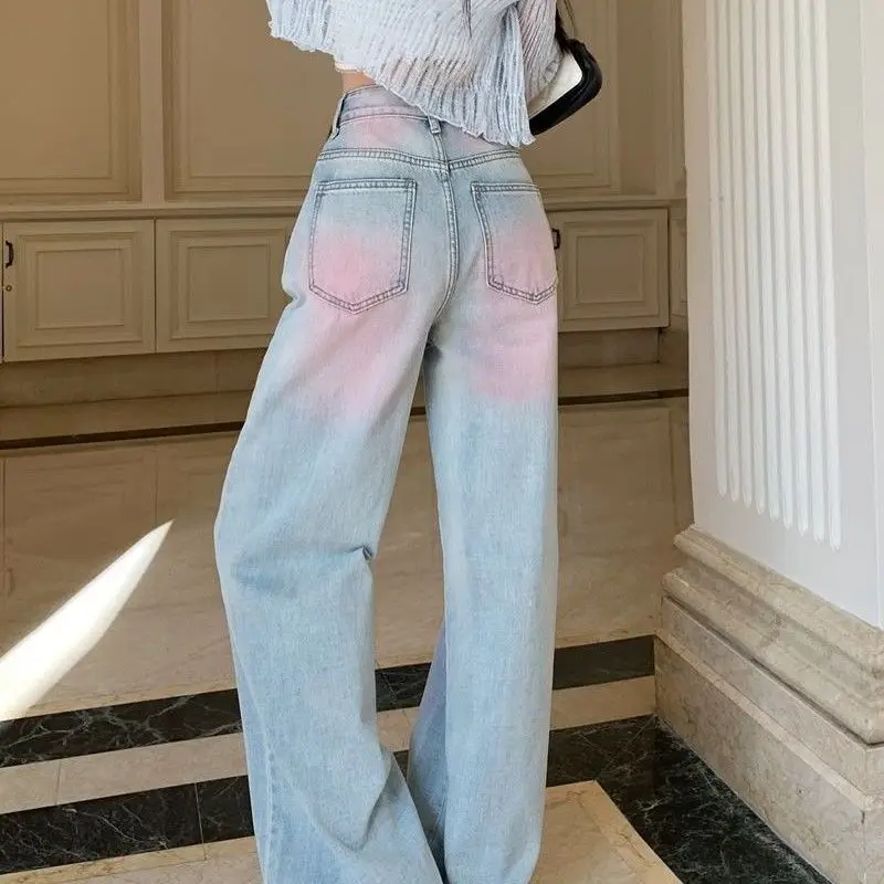 Design Blush Jeans Women New Fashion Trend Slim Retro Hong Kong Style Straight Gradient Pants