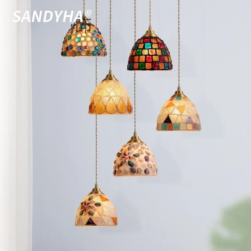 SANDYHA Nordic Colored Pendant Light Vintage Glass Chandelier LED Hanging Lamps For Bedroom Living Room Study Home Decoration