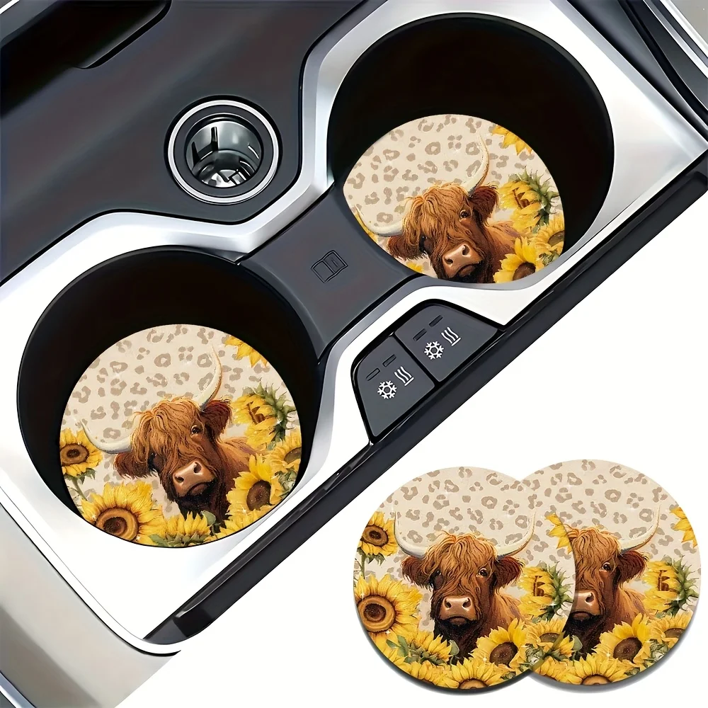 2 Car Cup Coasters, Adorable Sunflower Highland Cow Print Design, Vehicle Cup Holder Protector, Complete Car Accessories Set For
