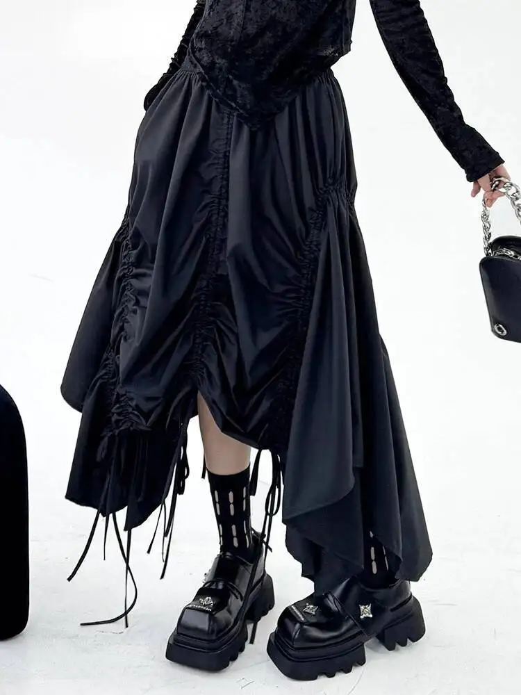 High Elastic Black Waist Irregular Hem Drawstring Half-body Skirt Women Fashion New Spring Autumn 2026 1DJQIXU