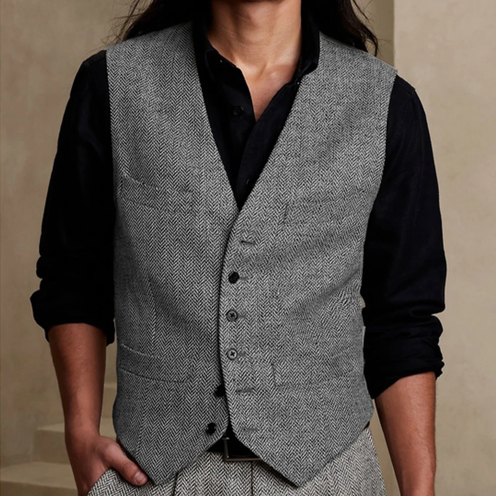 

Herringbone Tweed Rocker Vest Men's Casual Suit Vests Single Breasted V Neck Sleeveless Coat for Men Dress Up Male Waistcoat