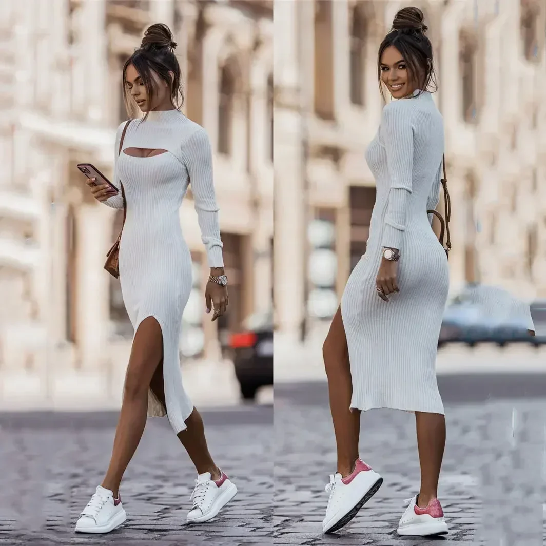 Sexy Bodycon Dress Elegant Casual Bodycon Long Sleeves High Neckline Knit Cut Out Midi Dress Ribbed Midi Sweater Dress