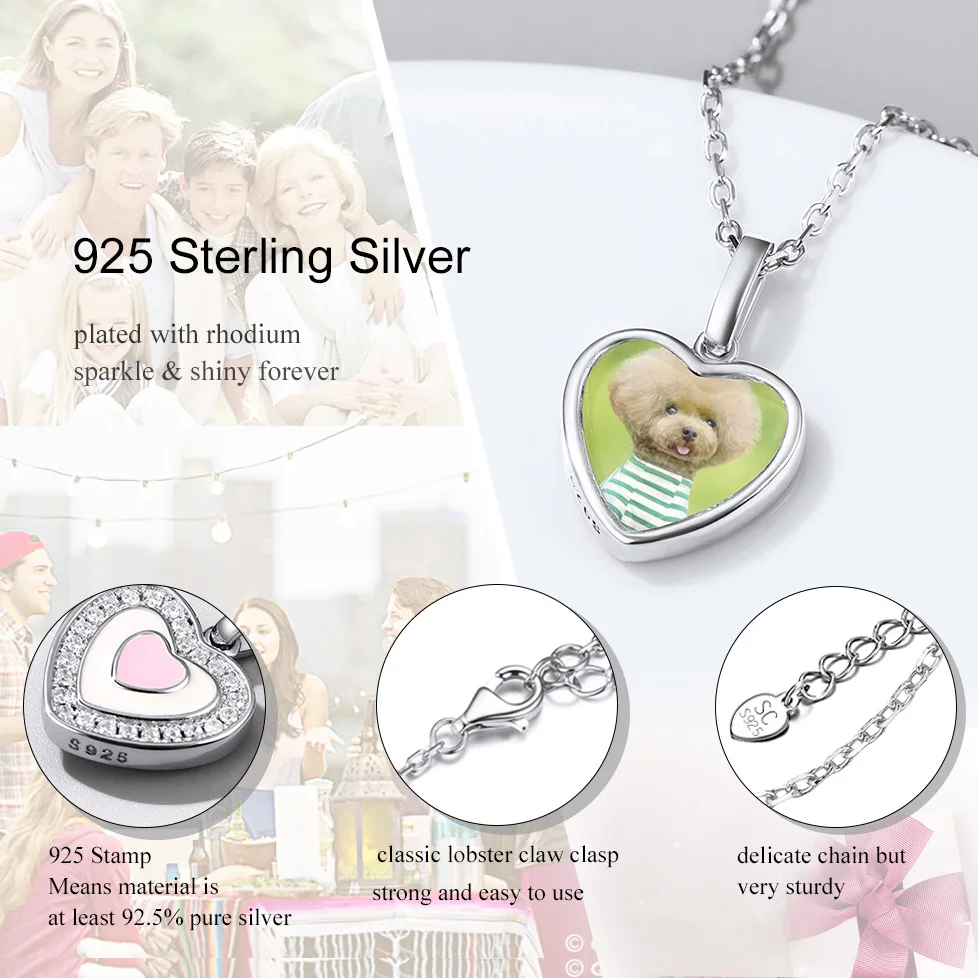 PROSILVER 925 Sterling Silver Heart Necklace Custom Picture for Women Teen Girls Valentine Day Gifts in Silver/Yellow Gold Tone