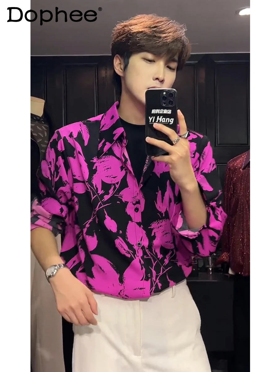 

Korean Summer New High-end Ice Silk Flower Shirt Casual Loose and Versatile Fashion Handsome Boy Long-sleeved Shirt